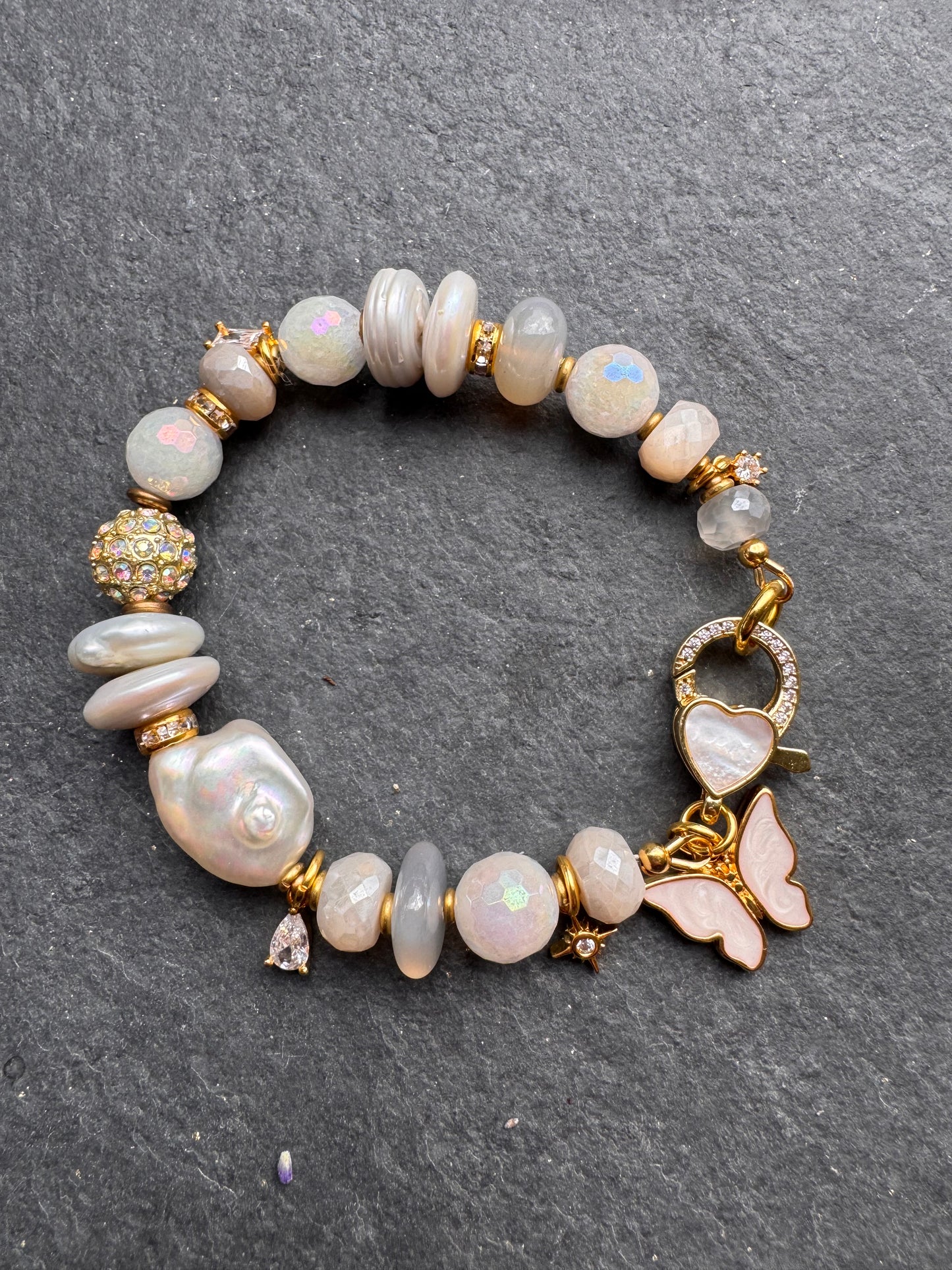 Freshwater AAA white Pearls, AB moonstone, rhinestone, gold metal, bracelet