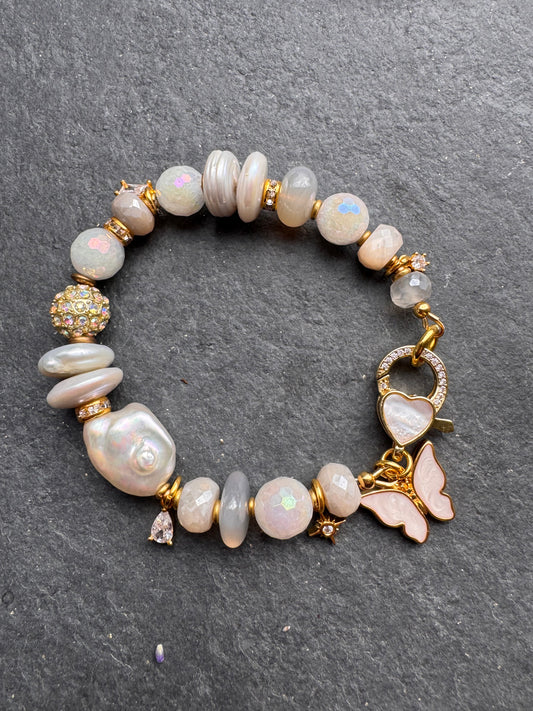 Freshwater AAA white Pearls, AB moonstone, rhinestone, gold metal, bracelet