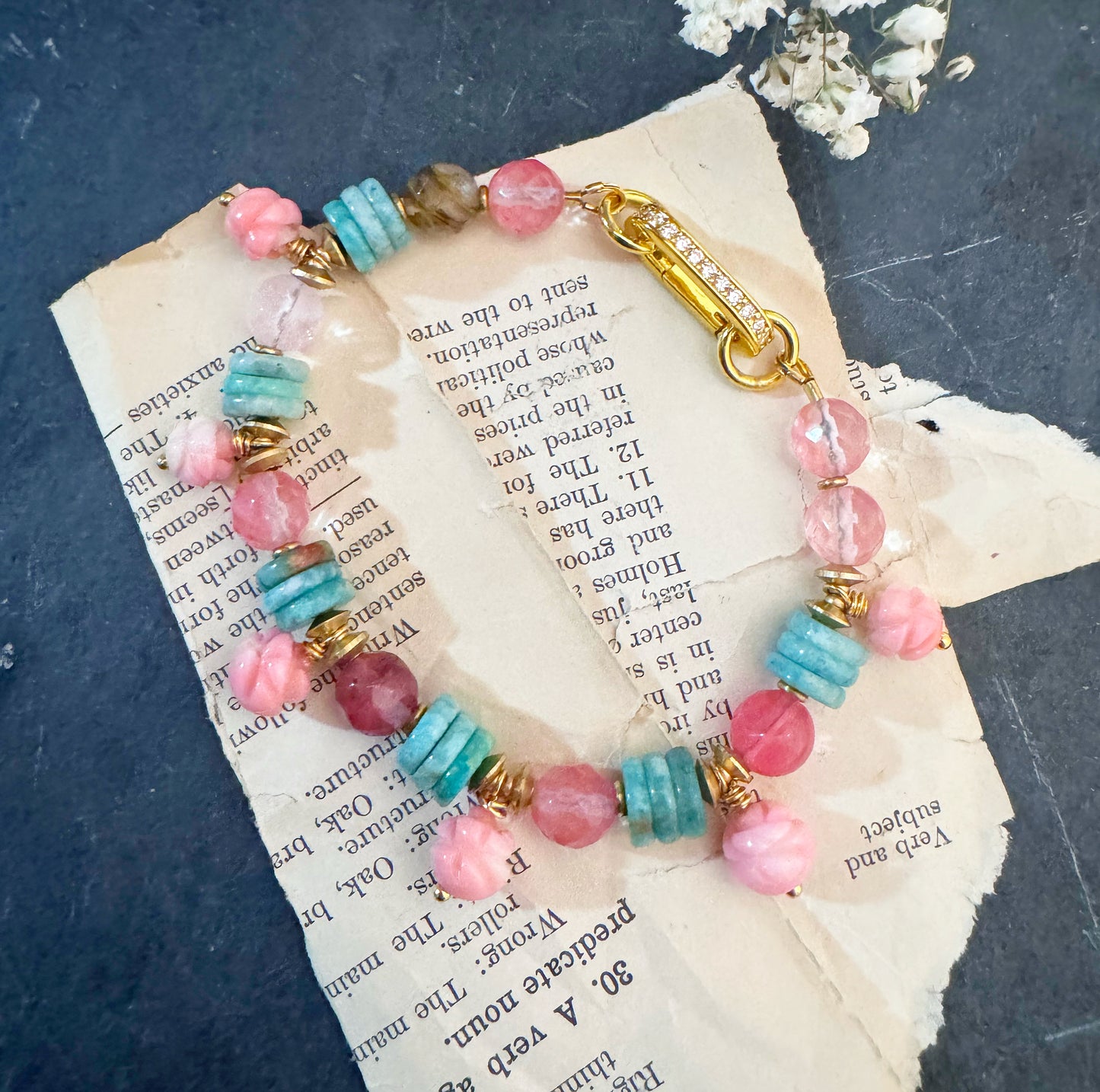 Natural Sea Blue Peruvian Amazonite, pink opal stone flowers, agate, brass metal, bracelet ( vintage beads)