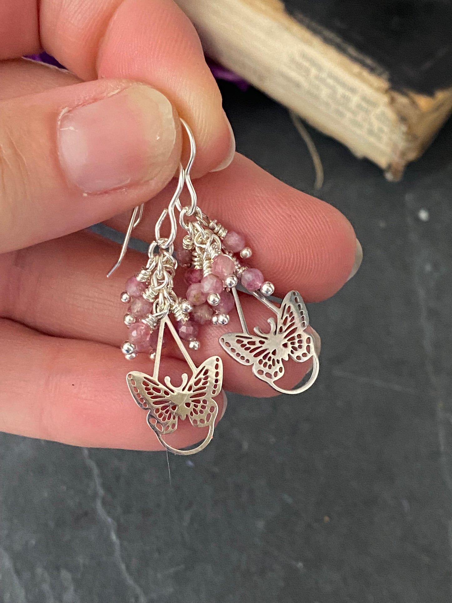 Butterfly charms, tourmaline pink stone, silver jewelry.
