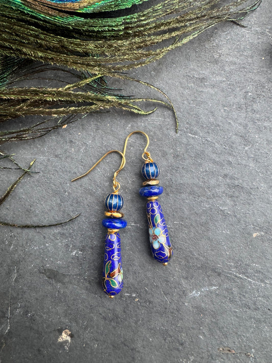 Lapis lazuli stone, cloisonné ,gold metal, earrings