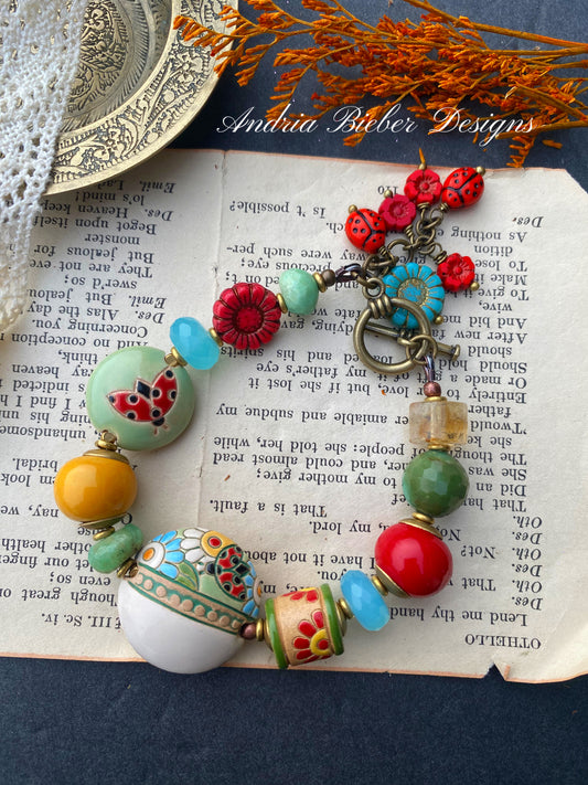 Ceramic ladybug 🐞 design, red flower ceramic bead, handmade, czech glass, bronze metal, mixed stone, bracelet