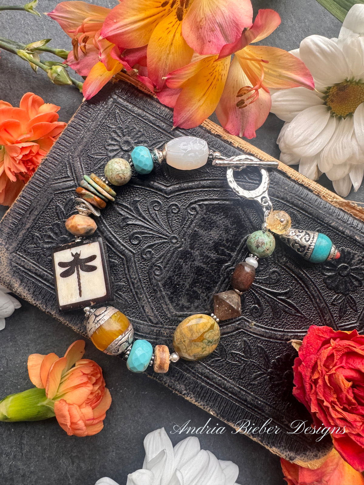 Turquoise, agate, green opal, Roman glass, czech glass, silver metal, bracelet