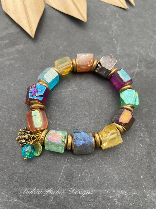 Chunky glass, African brass, elastic cording, bracelet, jewelry