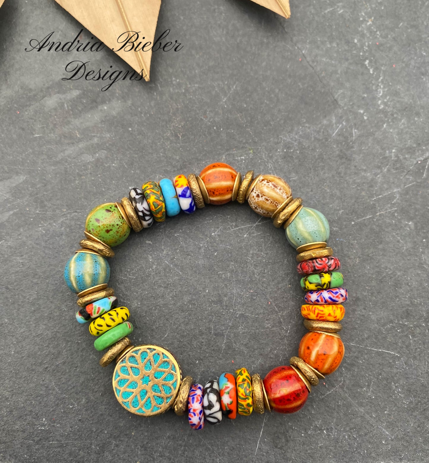 Tibetan bead, ceramic beads, indoneisan glass, African brass, elastic cording, bracelet, jewelry