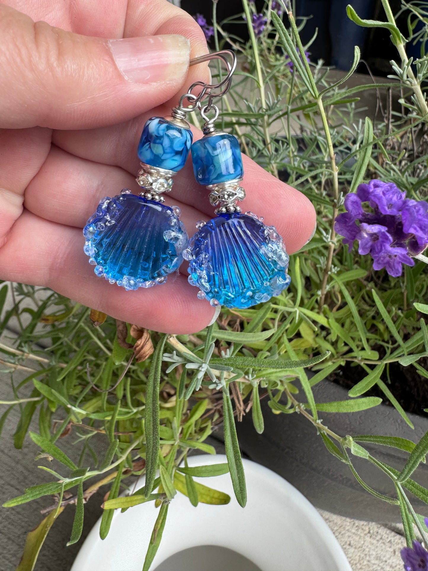 Shell, ocean, design, blue Handmade lampwork glass, earrings