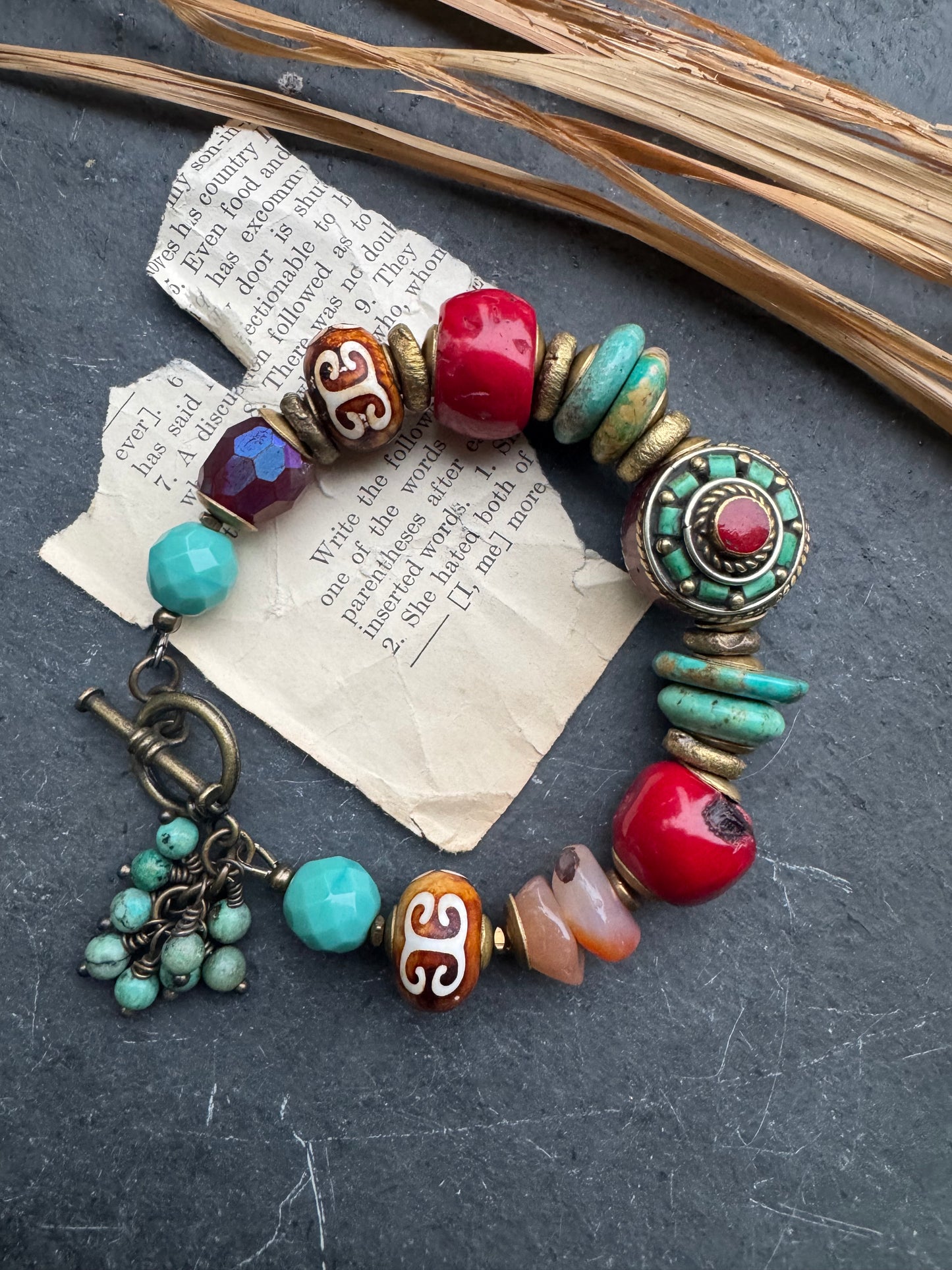Turquoise (kingman) stone, carnelian agate, Indonesian bead, red coral, african wood, czech glass, African brass, bracelet