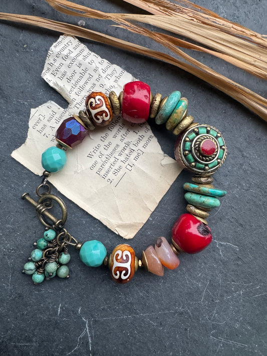 Turquoise (kingman) stone, carnelian agate, Indonesian bead, red coral, african wood, czech glass, African brass, bracelet