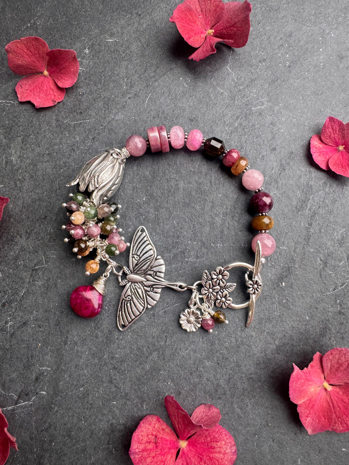 Silver moth. Madagascar rose quartz, pink moonstone, pink Tourmaline, watermelon tourmaline, silver moth, silver metal, bracelet.