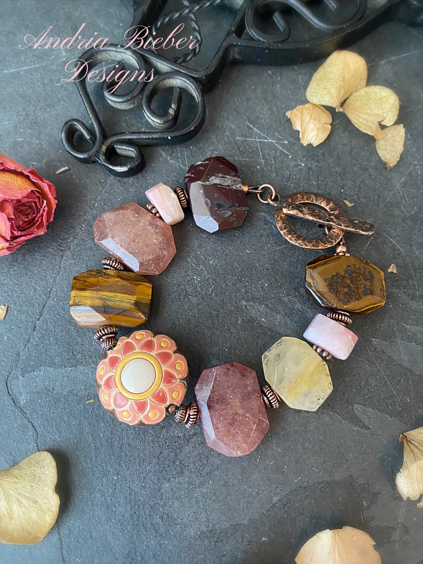 Flower ceramic focal bead, brown and pink with yellow stone, copper metal, bracelet