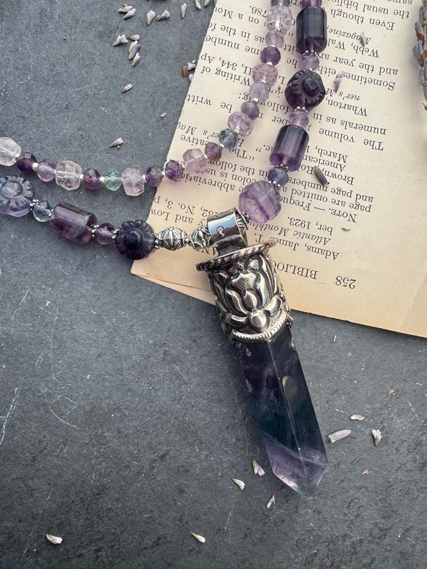 Fluorite stone, two layer, Tibetan silver crystal point pendant, necklace.