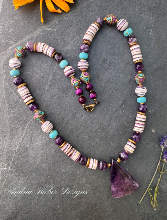 Wampum shell, turquoise, amethyst stone, Indonesian beads, necklace