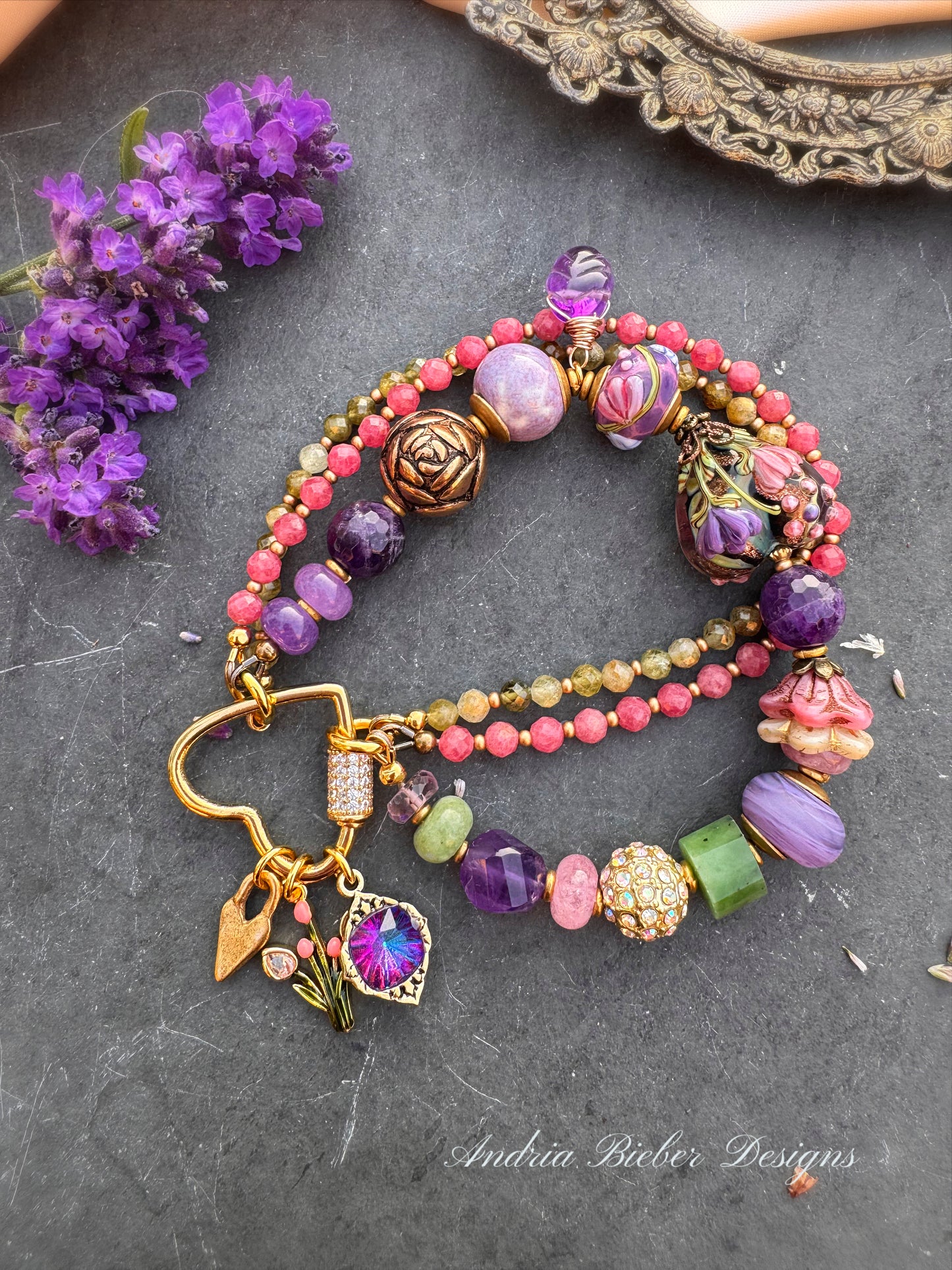 Heart lampwork glass, peridot, rhodochrosite, amethyst, jade, african opal, Czech glass, ceramic bead, rhinestone heart clasp.
