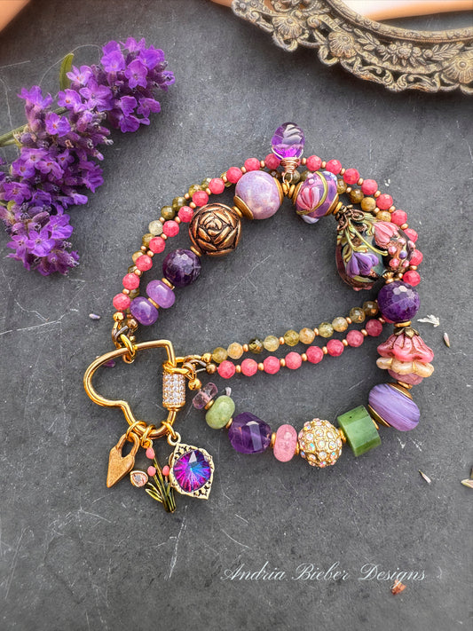 Heart lampwork glass, peridot, rhodochrosite, amethyst, jade, african opal, Czech glass, ceramic bead, rhinestone heart clasp.