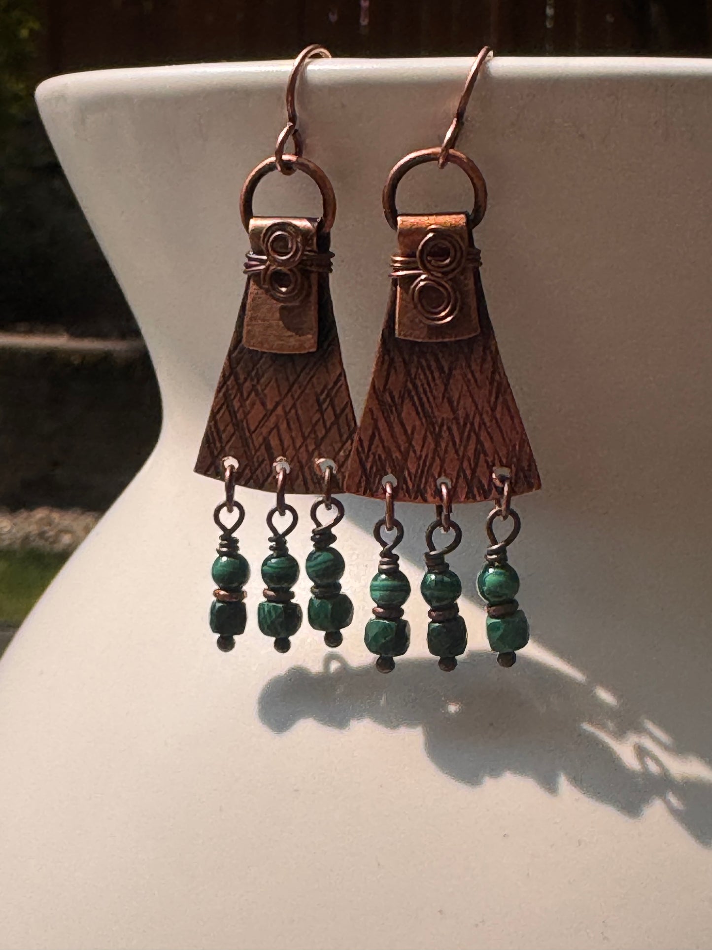 Malachite stone, copper metal, earrings