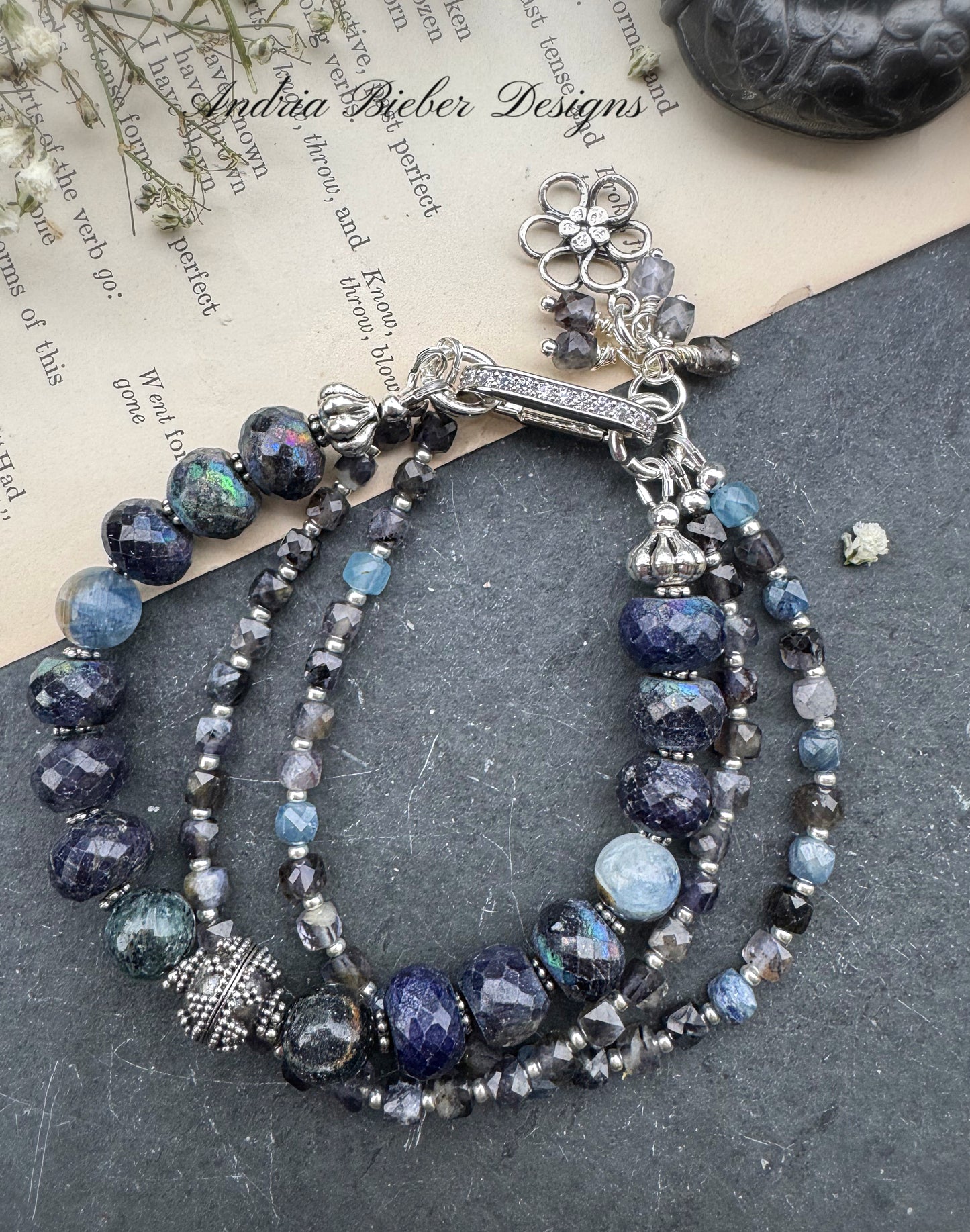 Iolite gemstone, kyanite gemstone and rhinestone, silver clasp, bracelet