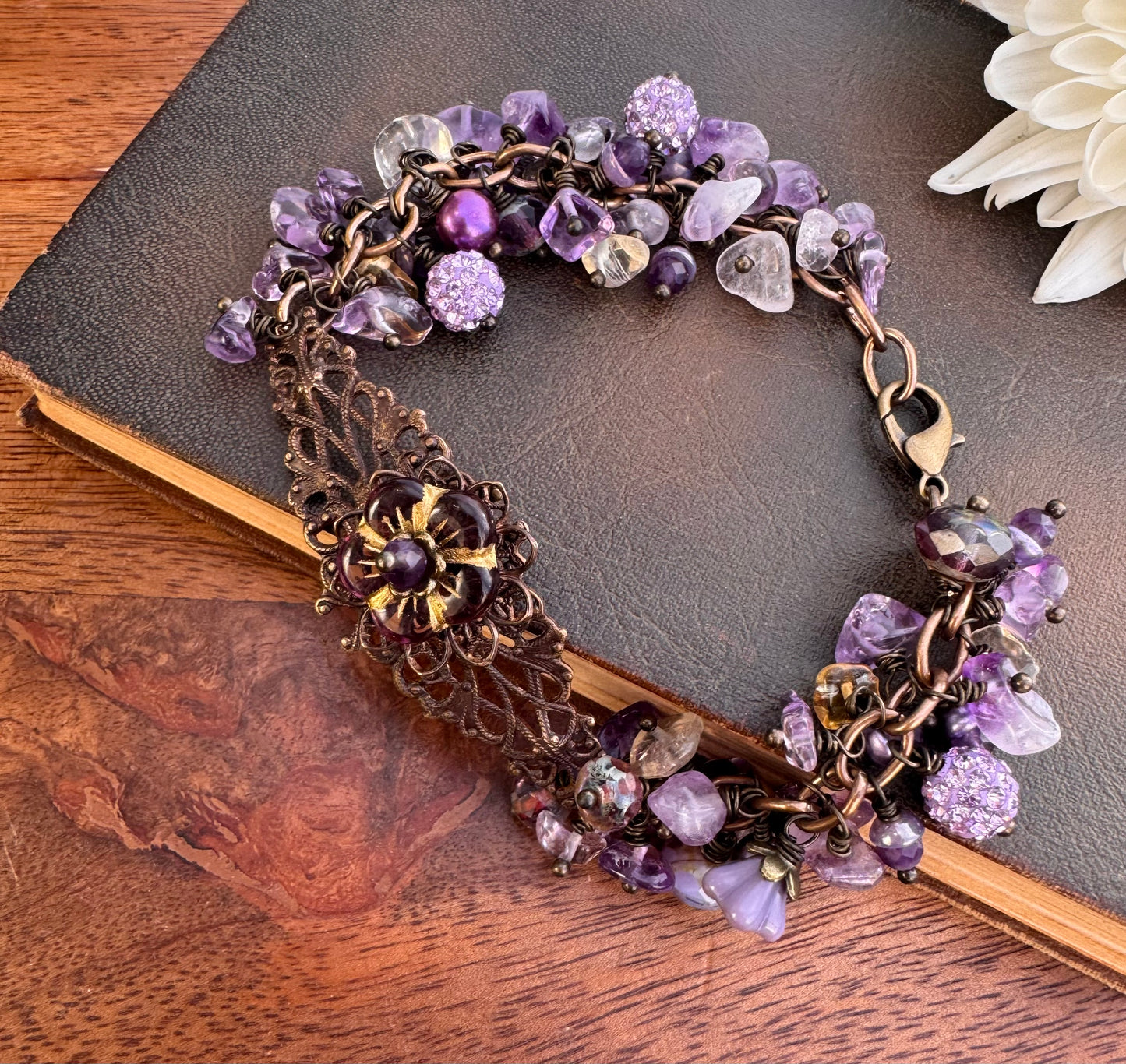 Amethyst, Ametrine stone, pearl, Czech glass, crystal, chocolate bronze metal, cuff style, bracelet