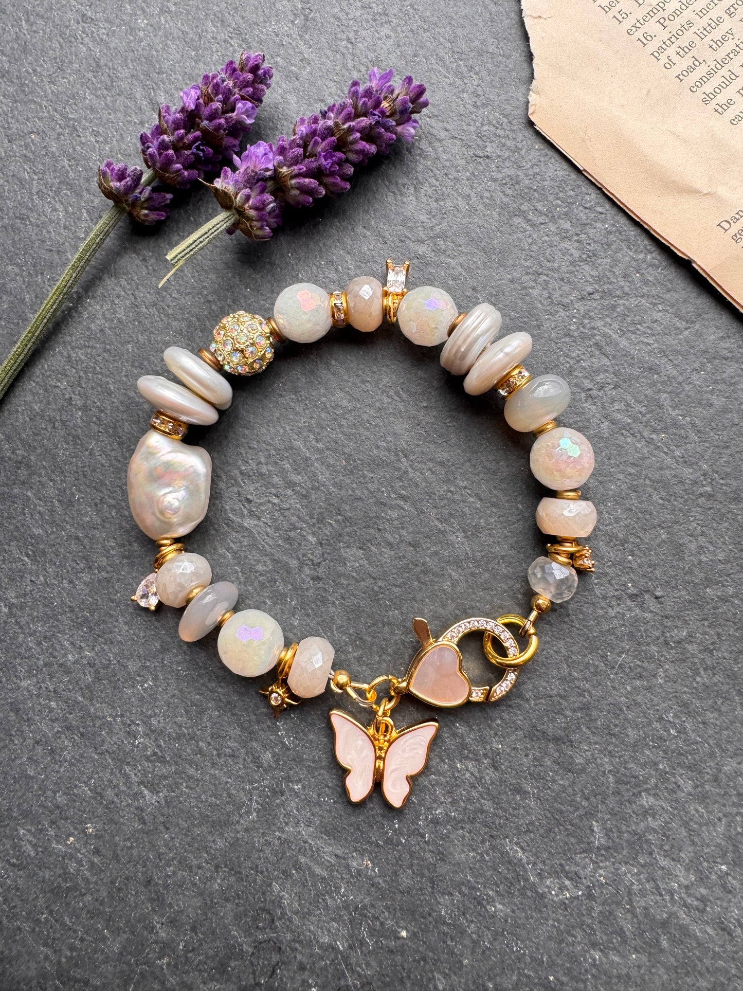 Freshwater AAA white Pearls, AB moonstone, rhinestone, gold metal, bracelet