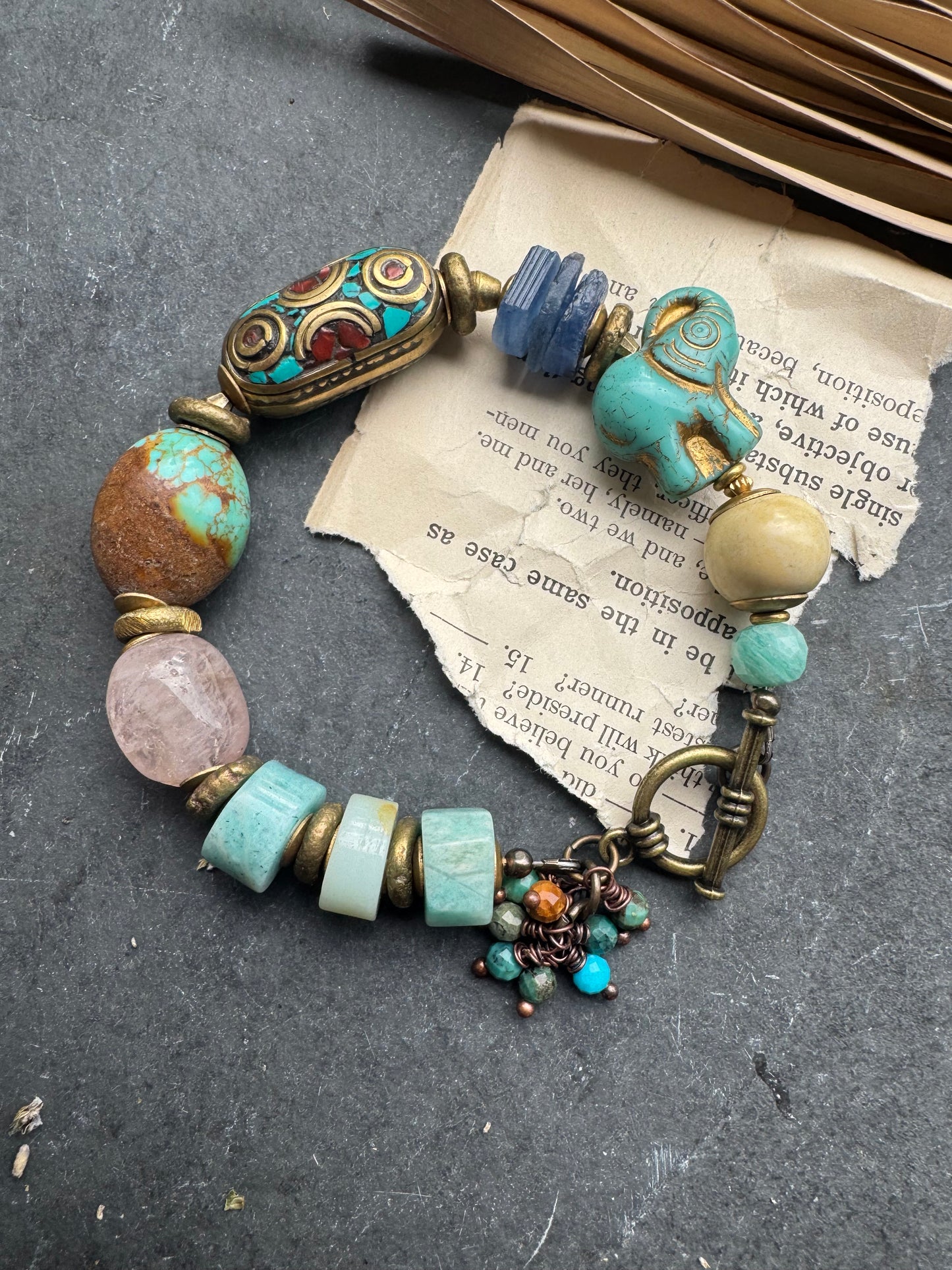 Kingman turquoise, Czech glass, kyanite, rose quartz, Amazonite, ceramic, African brass, Indonesian bead, bracelet
