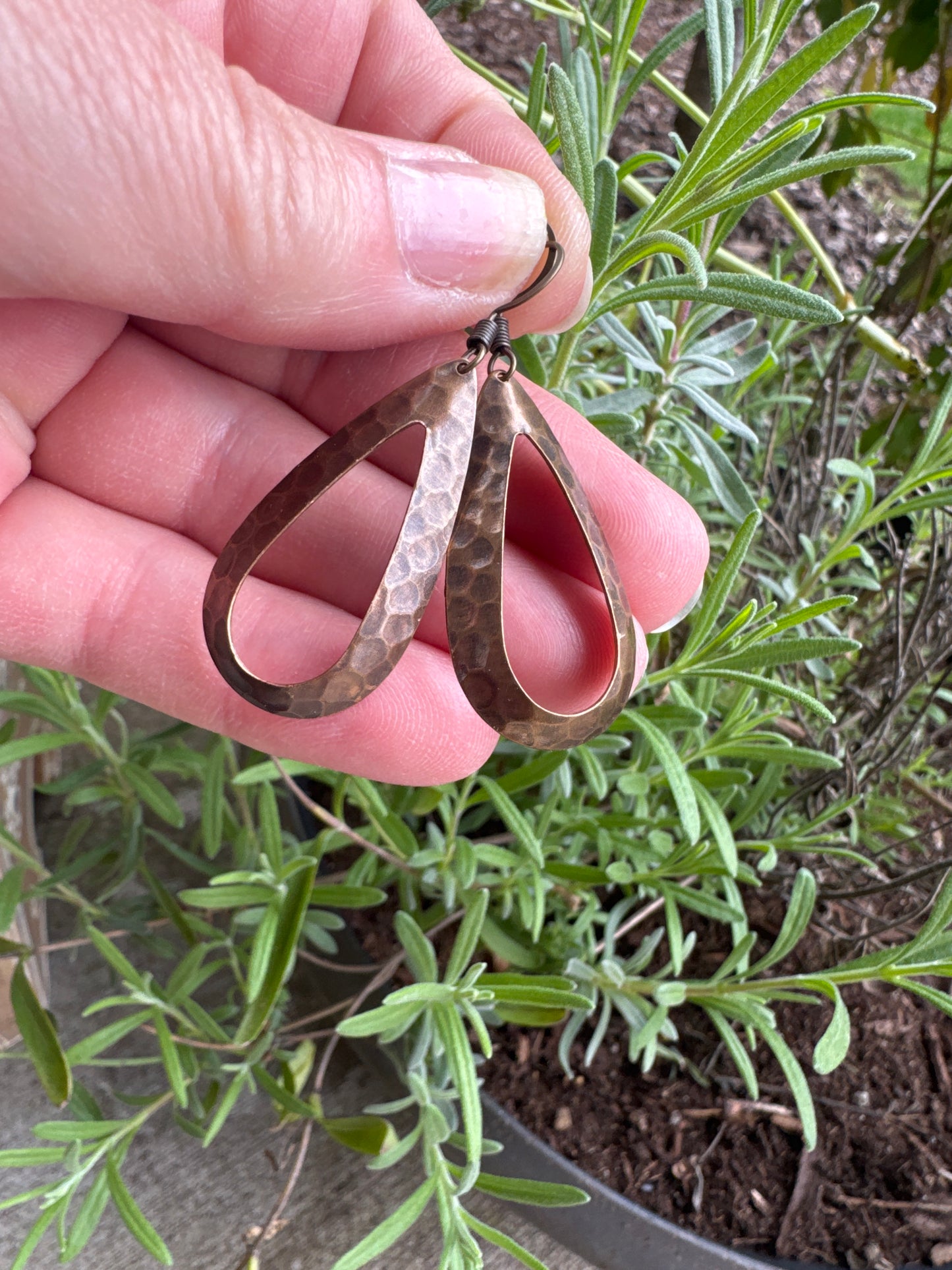 Bronze hammered charm, earring