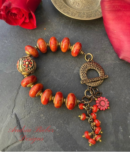 Indonesian glass, red sponge coral, Nepal bead, brass, bracelet MTO