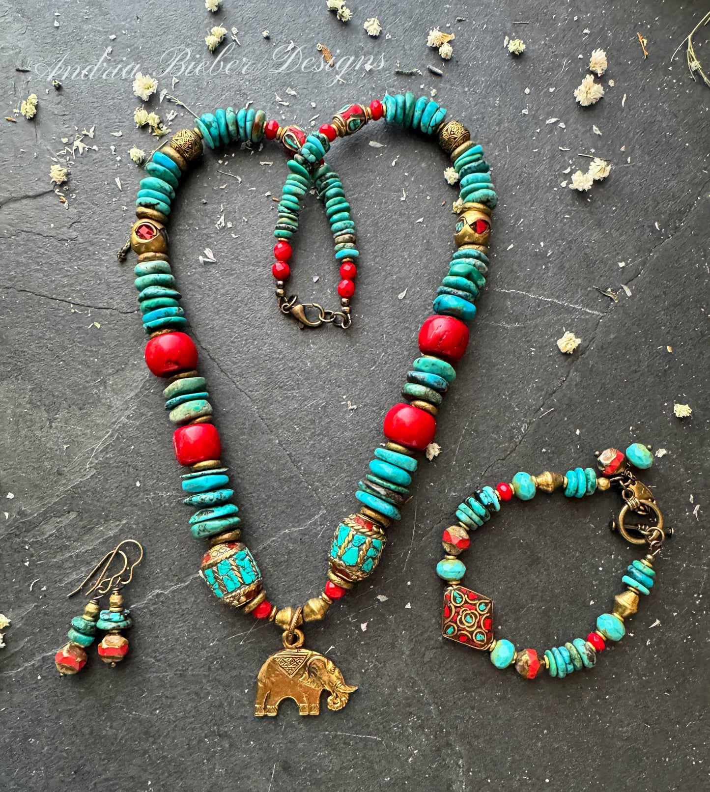 Turquoise stone, nepal inlaid beads, african brass, necklace, jewelry