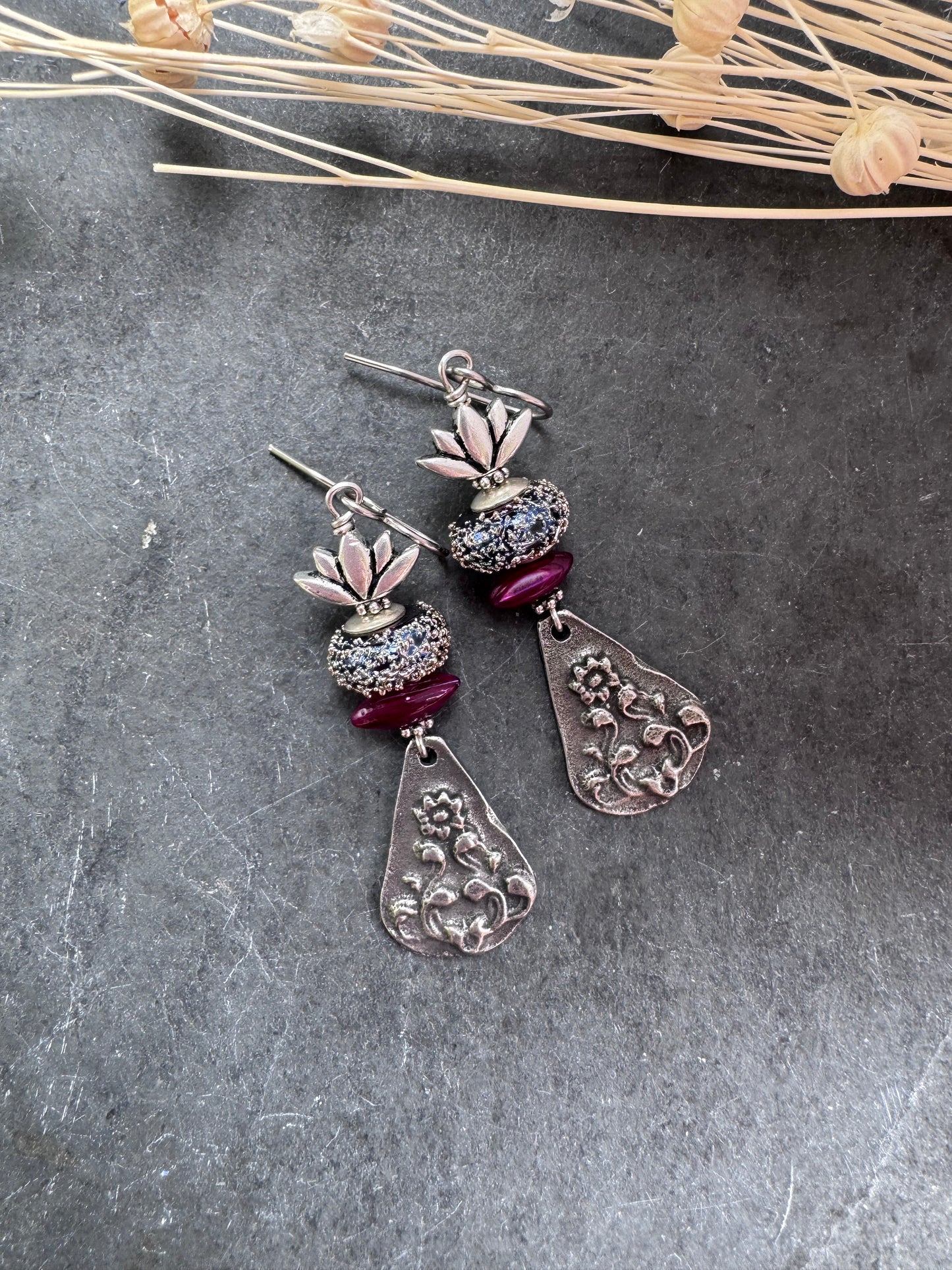 Handmade lampwork glass, silver pewter flower charm, shell, earrings