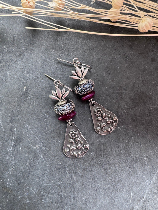 Handmade lampwork glass, silver pewter flower charm, shell, earrings