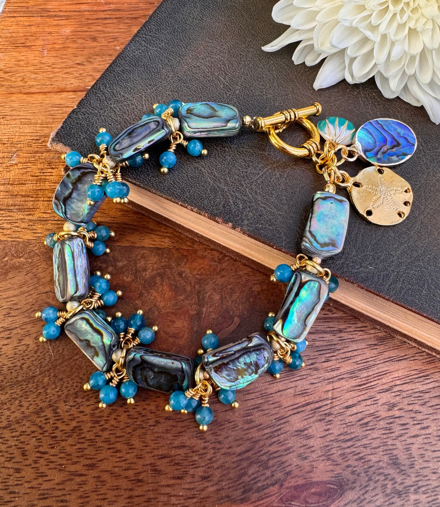 Abalone beads, apatite stone, charm, gold metal, bracelet