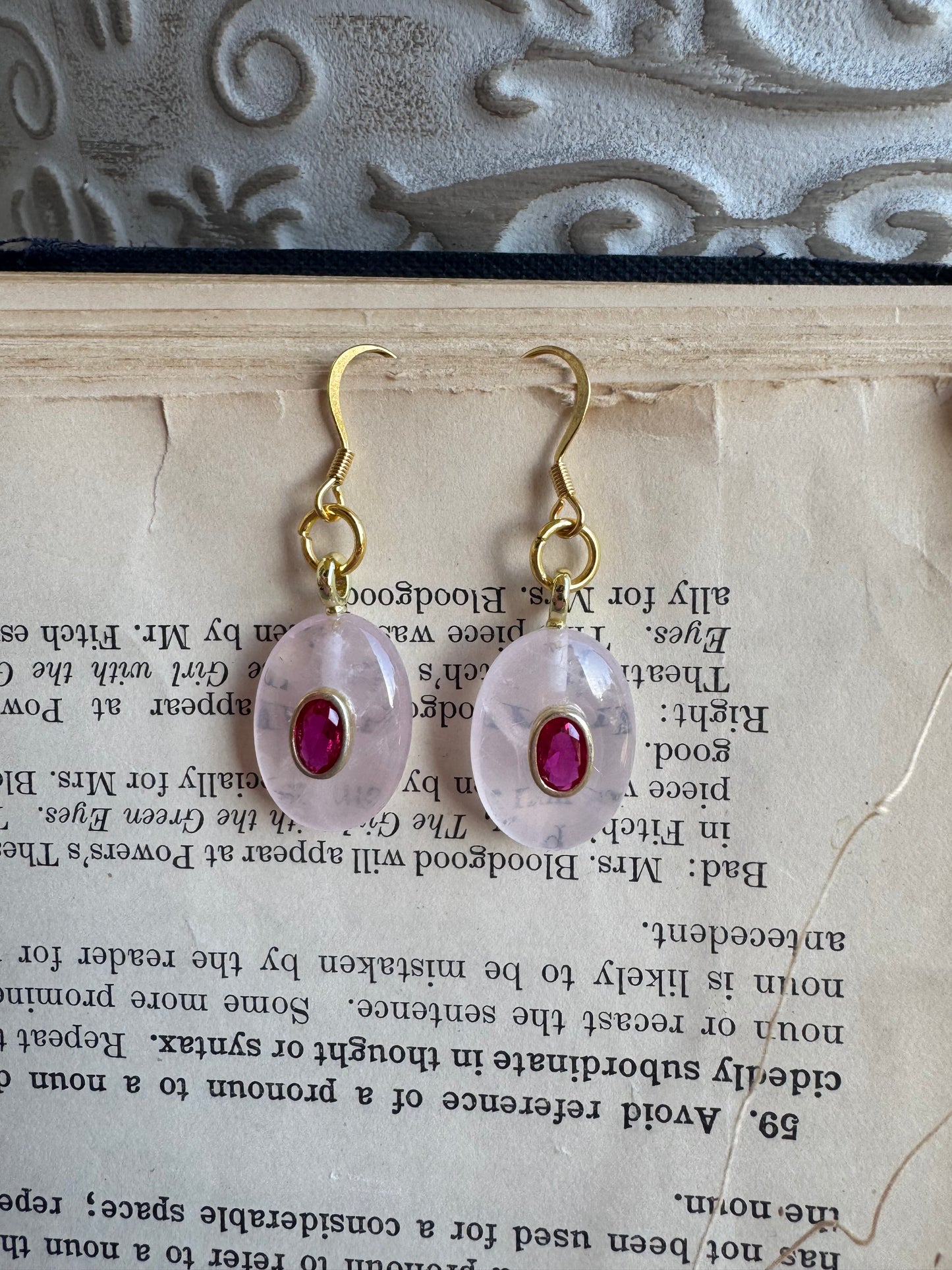 rose quartz, rhinestone pink, gold metal, earrings