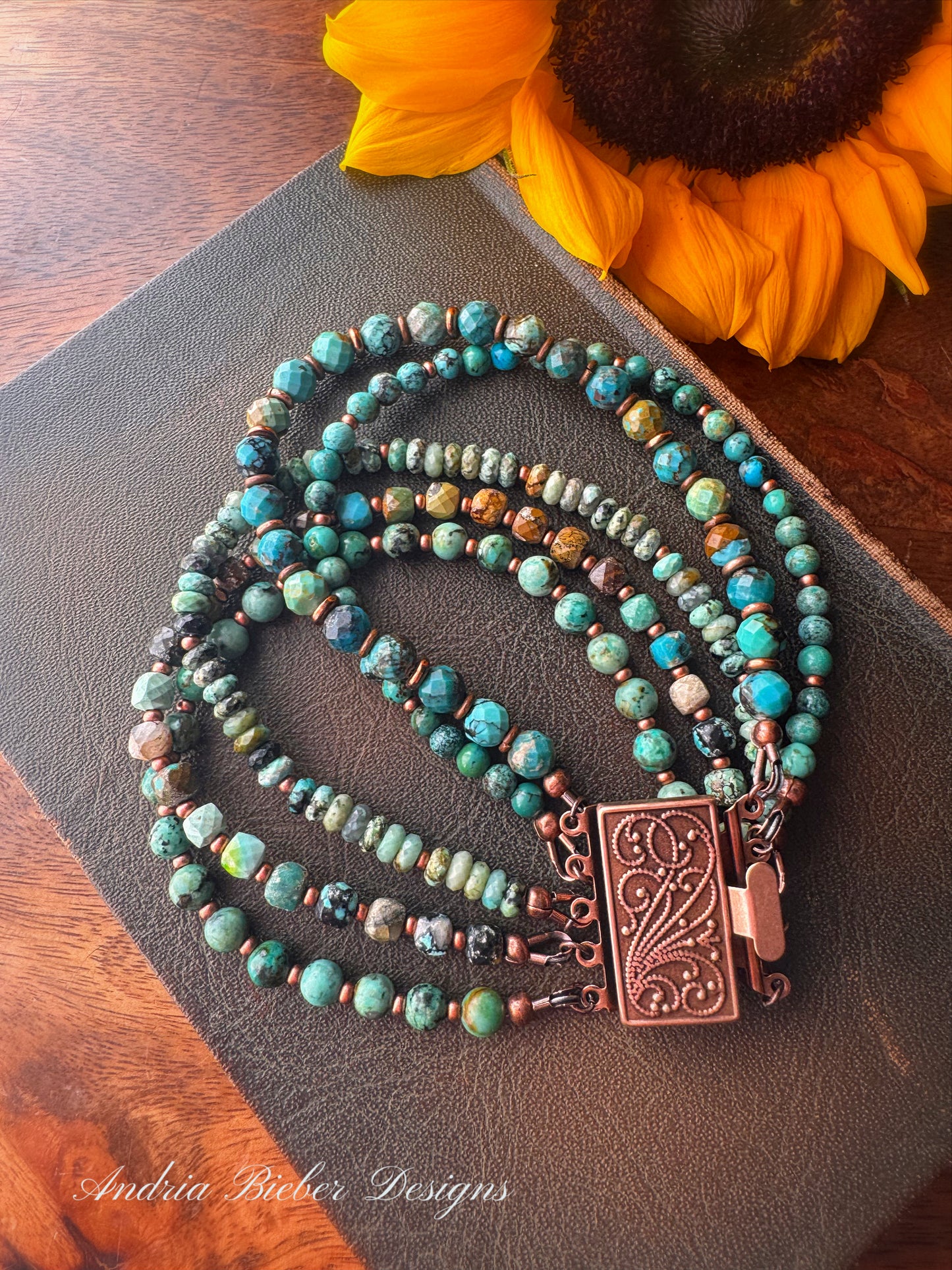 Turquoise and copper metal, multi strand, bracelet. MTO.