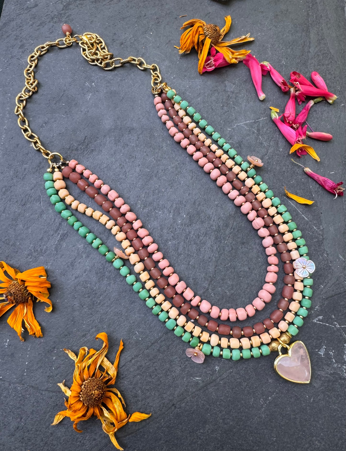 Java glass, gold metal, and rose quartz stone pendant, necklace