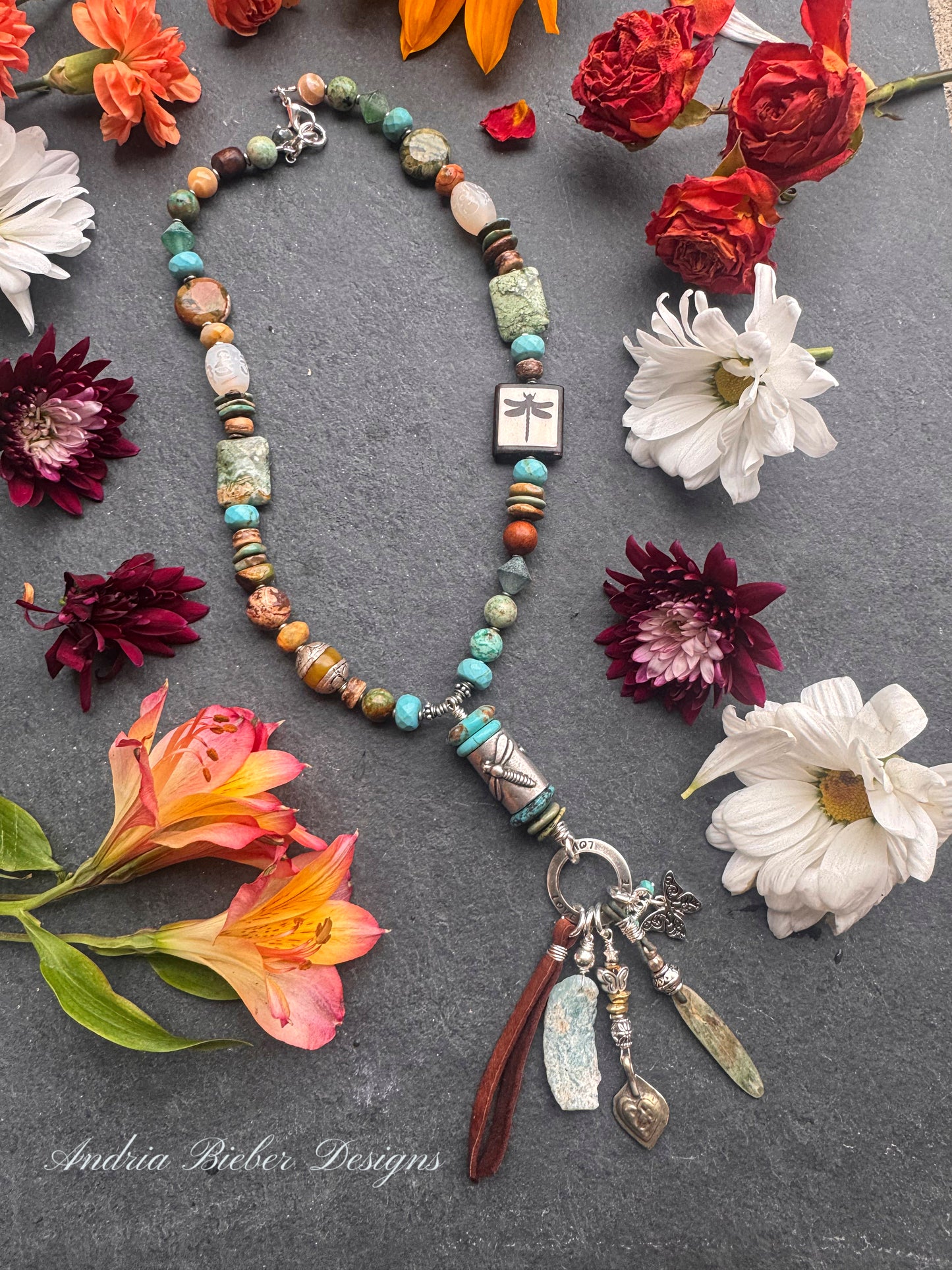 Hubei Turquoise, mixed gemstone, dragonfly, silver metal, necklace.