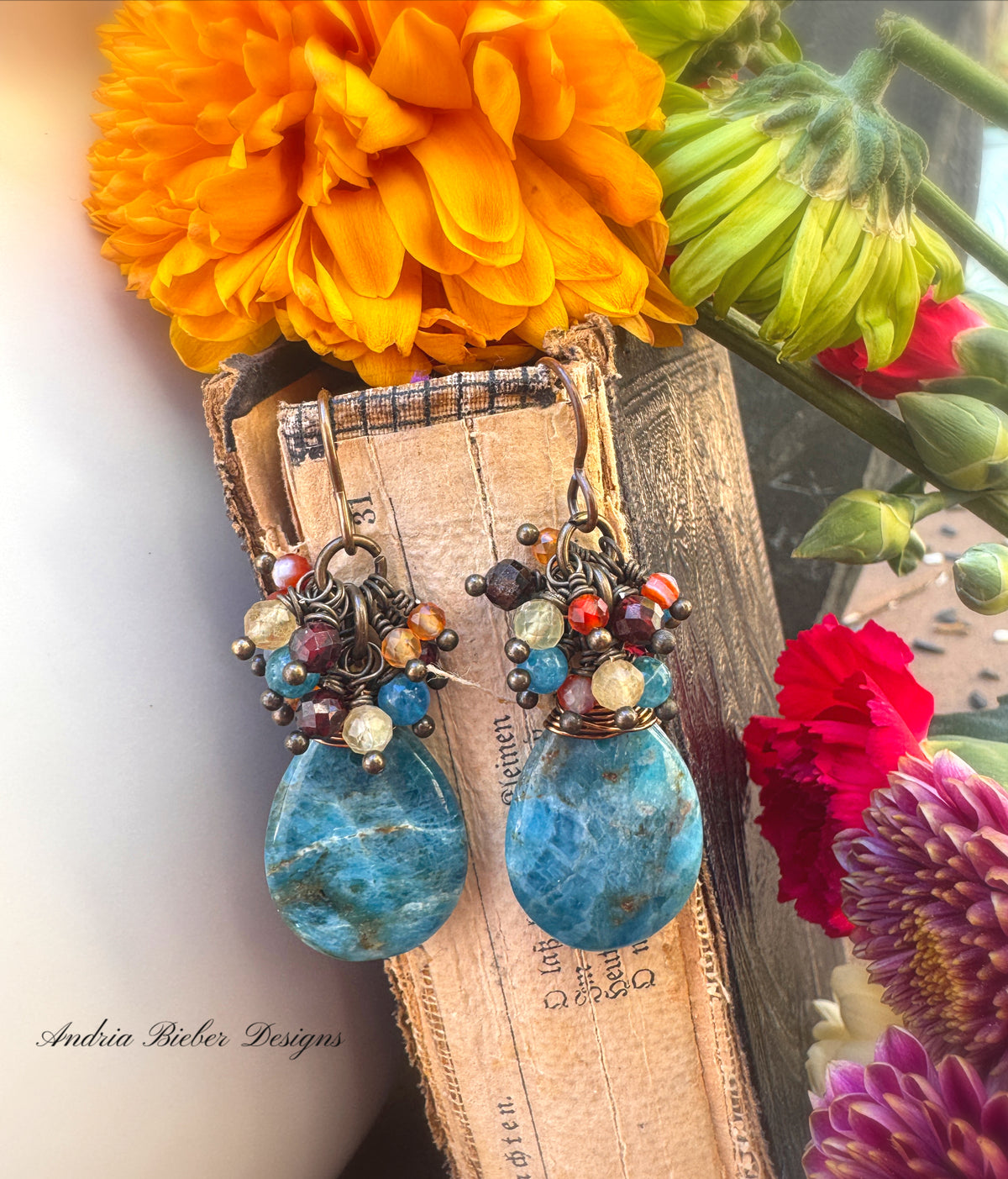 Apatite stone drops, citrine, garnet, orange agate stone, antq. brass metal, earrings