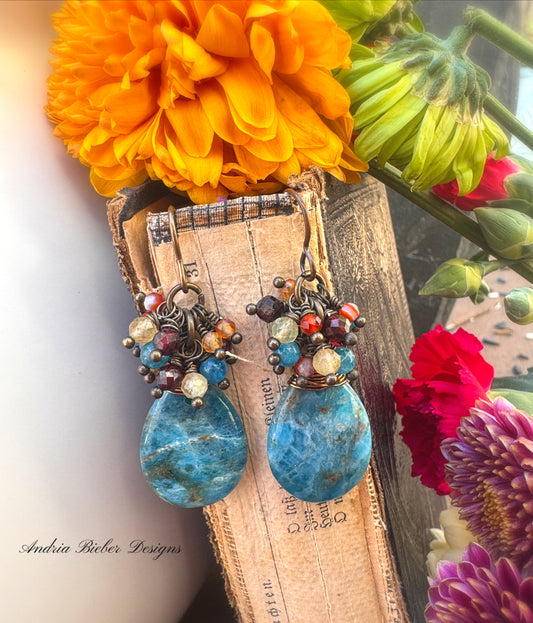 Apatite stone drops, citrine, garnet, orange agate stone, antq. brass metal, earrings