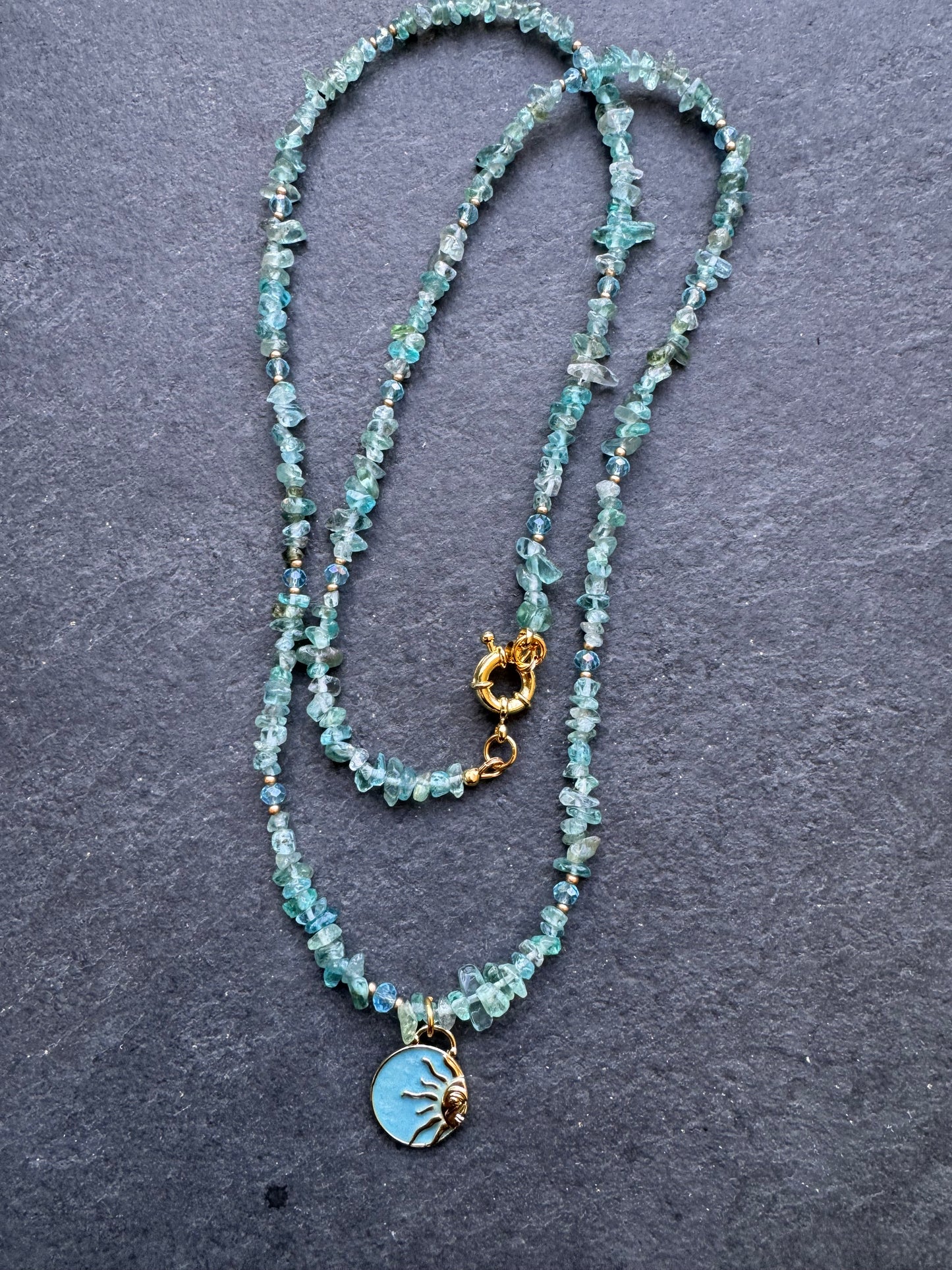 Apatite stone chip, charm, gold metal, wrap bracelet or necklace