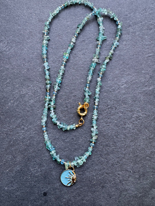 Apatite stone chip, charm, gold metal, wrap bracelet or necklace