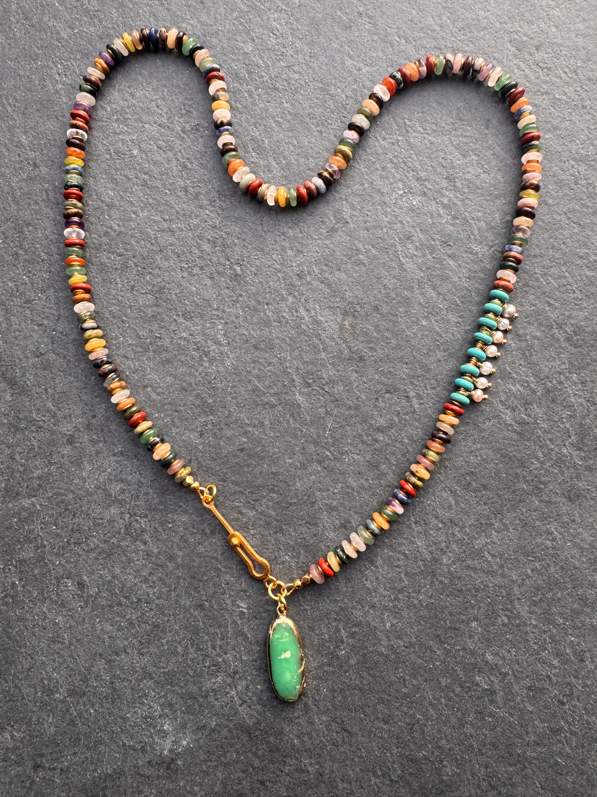 Mixed gemstone rondelle, turquoise, pearl, amethyst stone pendant, chrysoprase stone drop, necklace