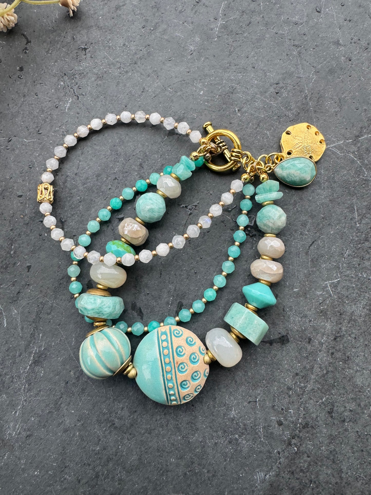 Amazonite, moonstone, ceramic beads, Czech glass, gold metal, bracelet