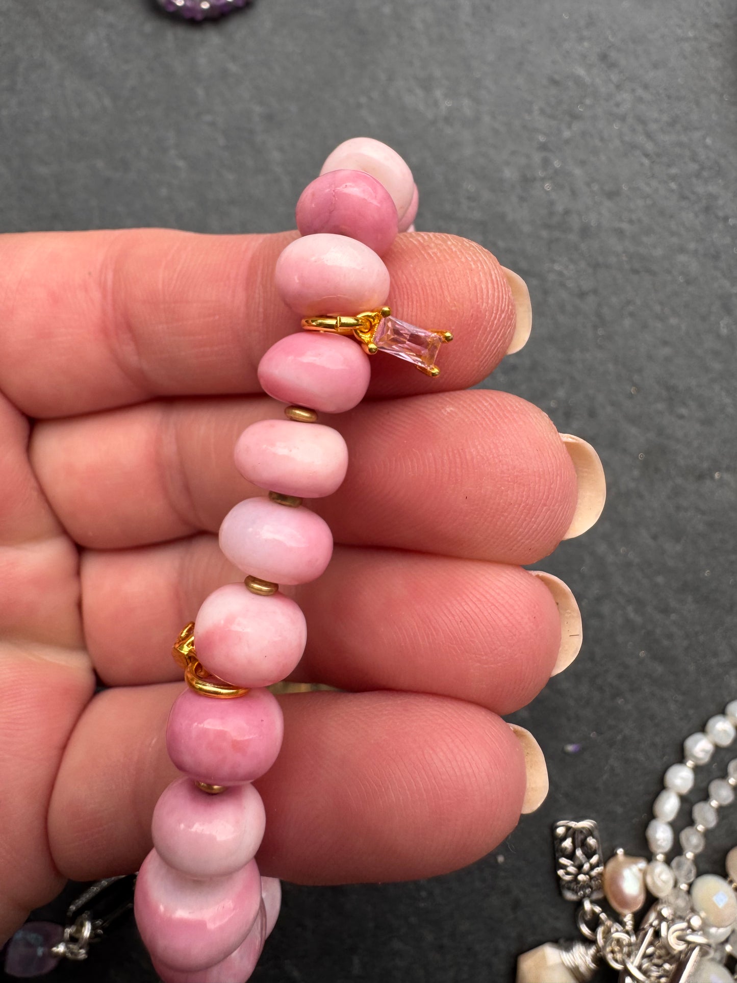 Pink opal, pink crystal and flower clasp bracelet