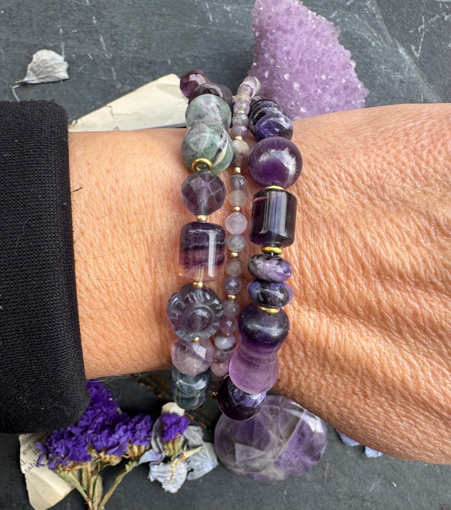 Lotus flower bronze button, fluorite stone, amethyst, sugalite, bracelet