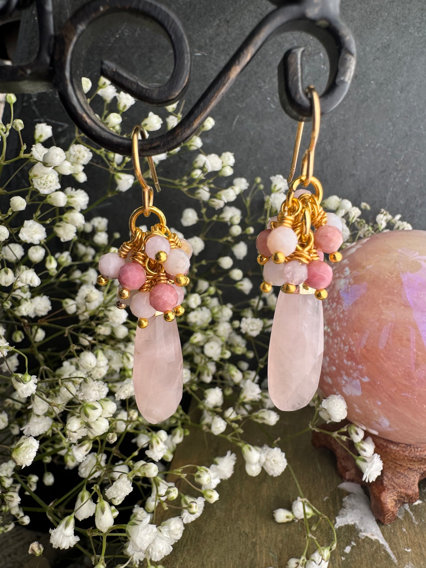 Rose quartz drops, pink Opal , gold metal, earrings