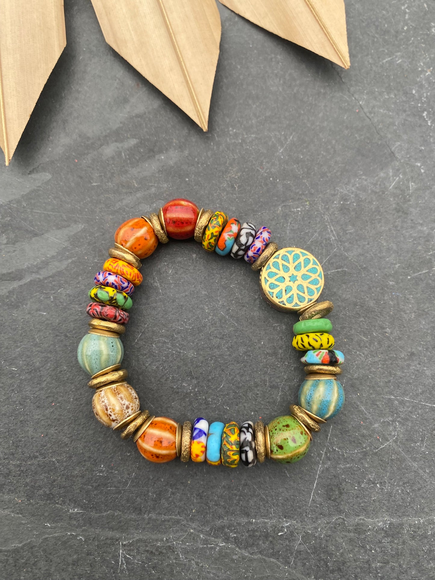 Tibetan bead, ceramic beads, indoneisan glass, African brass, elastic cording, bracelet, jewelry