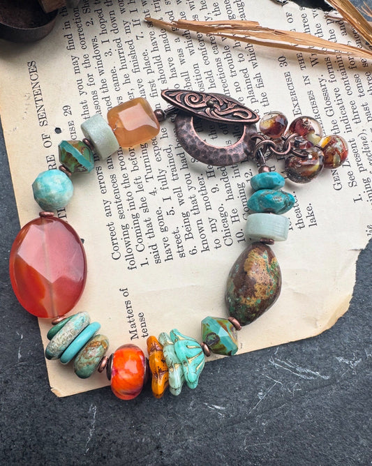 Turquoise (kingman), carnelian agate, Amazonite, Czech glass, copper, lampwork glass, bracelet