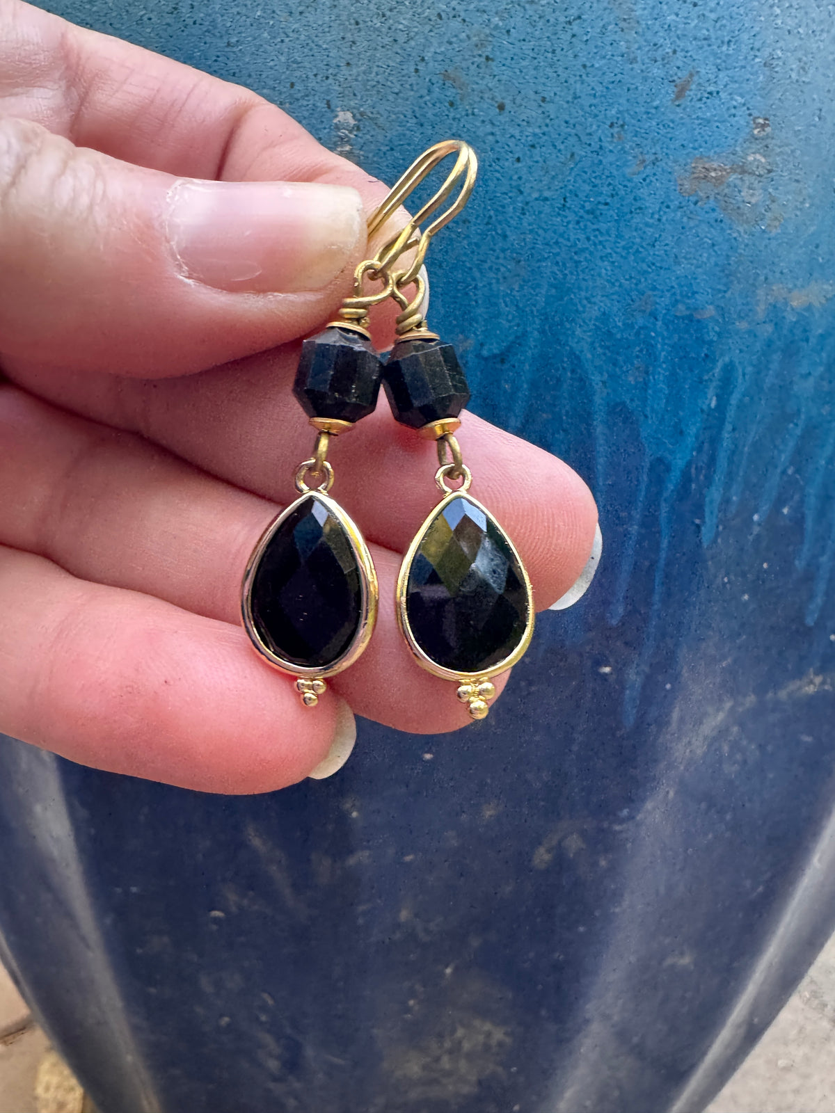Black onyx, black tourmaline, gold metal, drop, earrings