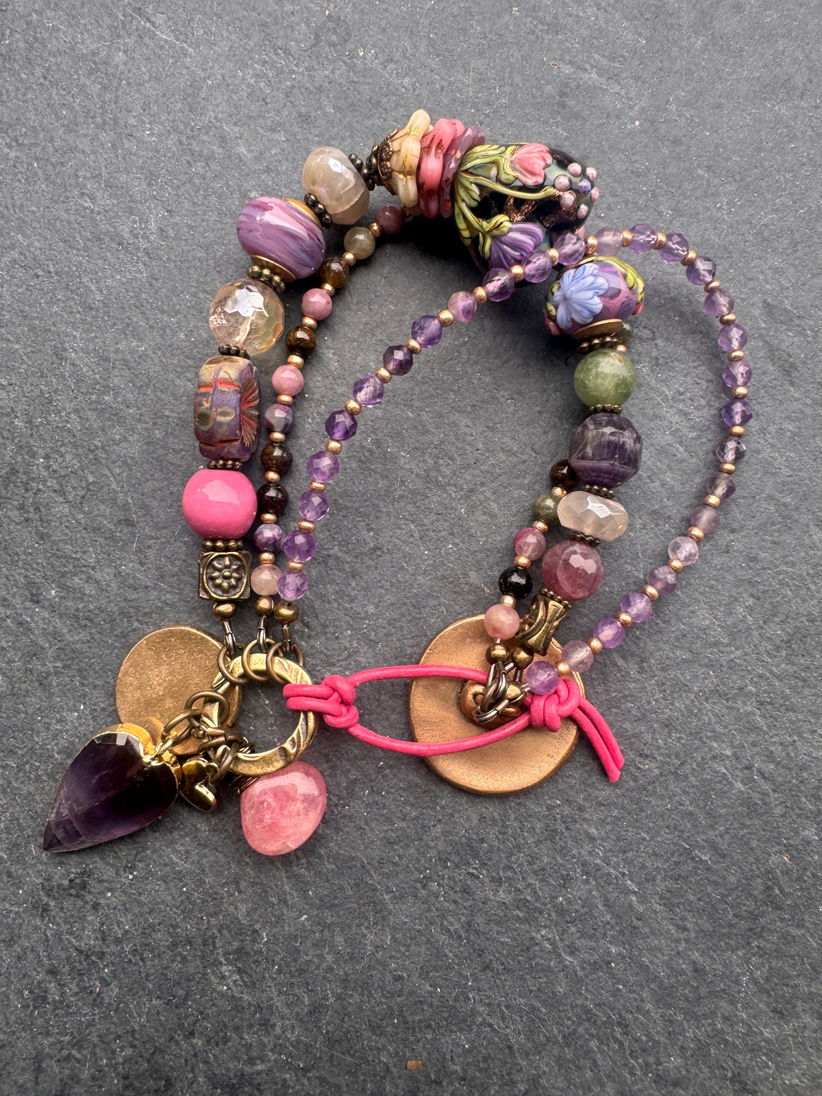 handmade lampwork glass, amethyst, tourmaline, moonstone, Madagascar rose quartz, pink tourmaline and handmade dandy lion button clasp.