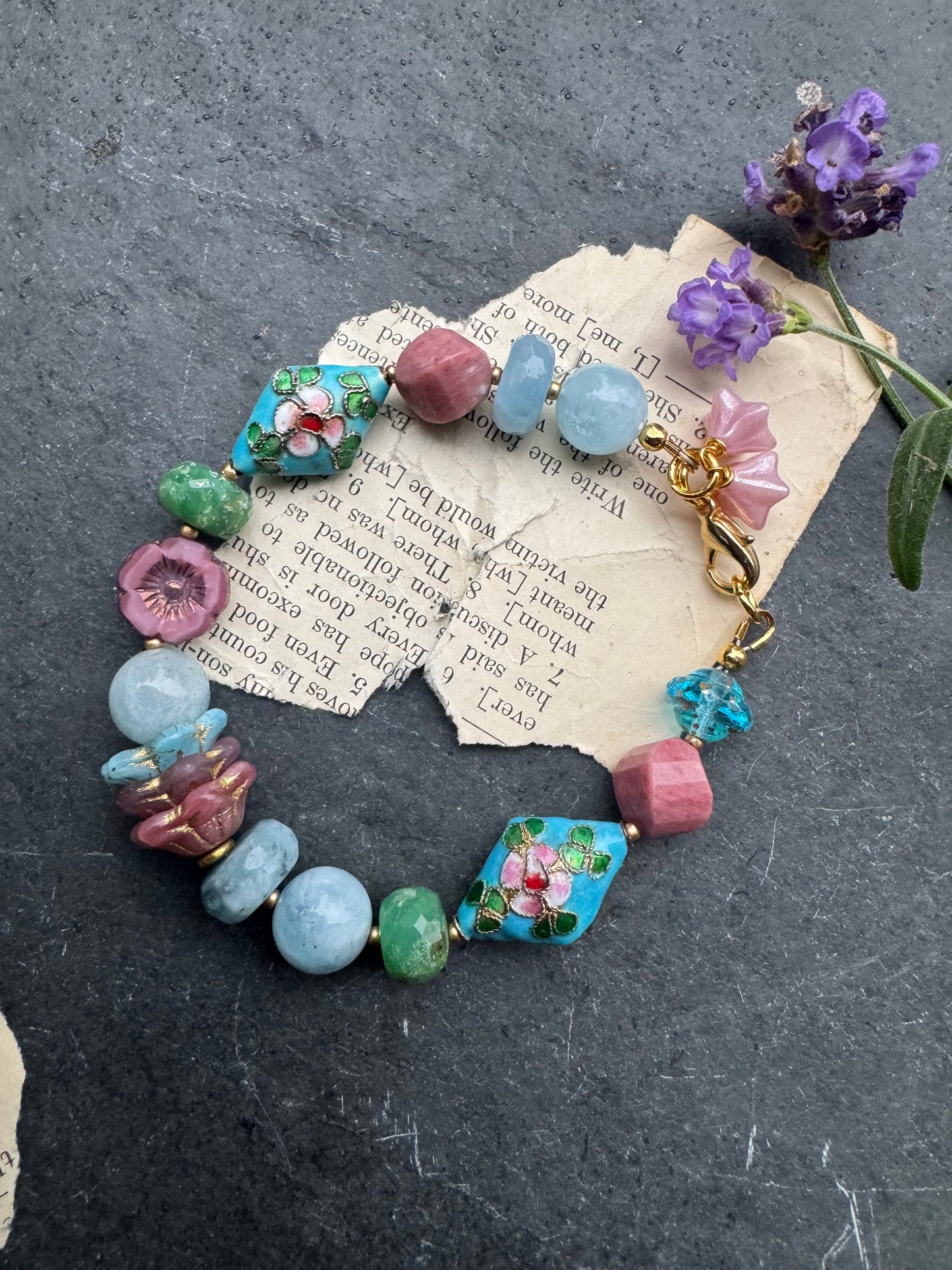 aquamarine stone, Chrysoprase, rhodochrosite, Cloisonné, czech glass, bracelet