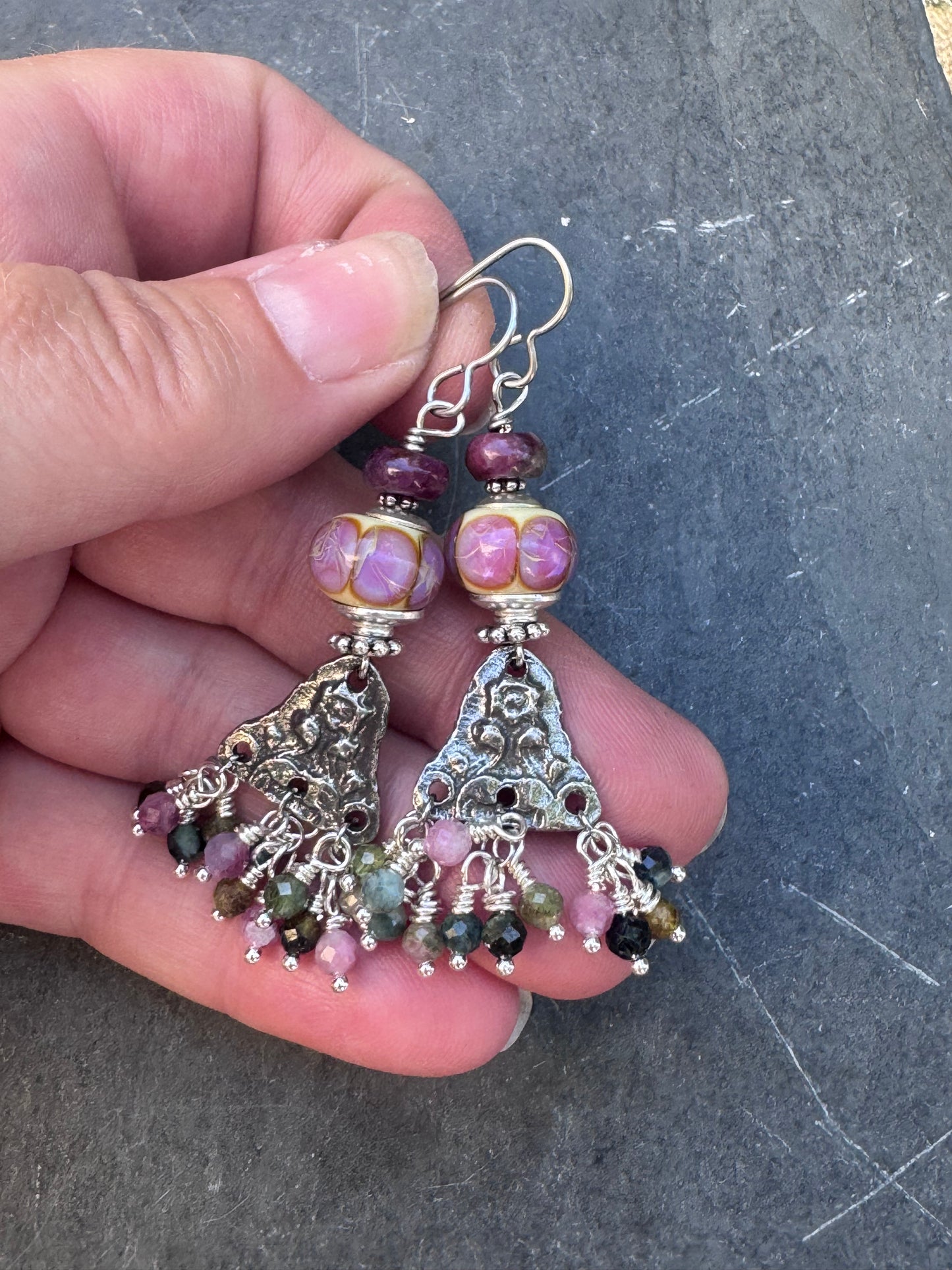 Handmade lampwork glass, silver pewter flower charm, watermelon tourmaline stone, earrings