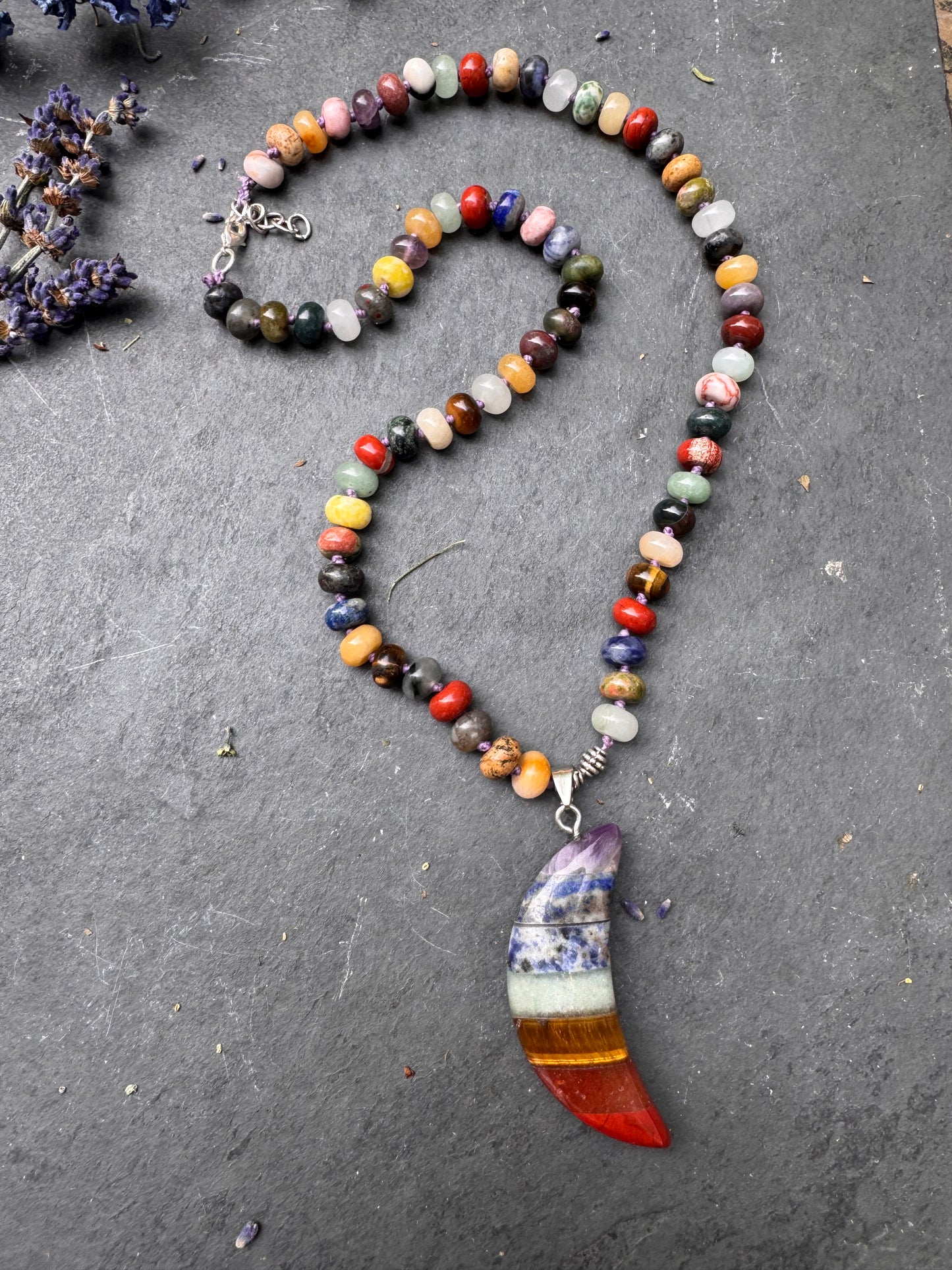 Mixed stone, knotted, moon stone pendant, necklace
