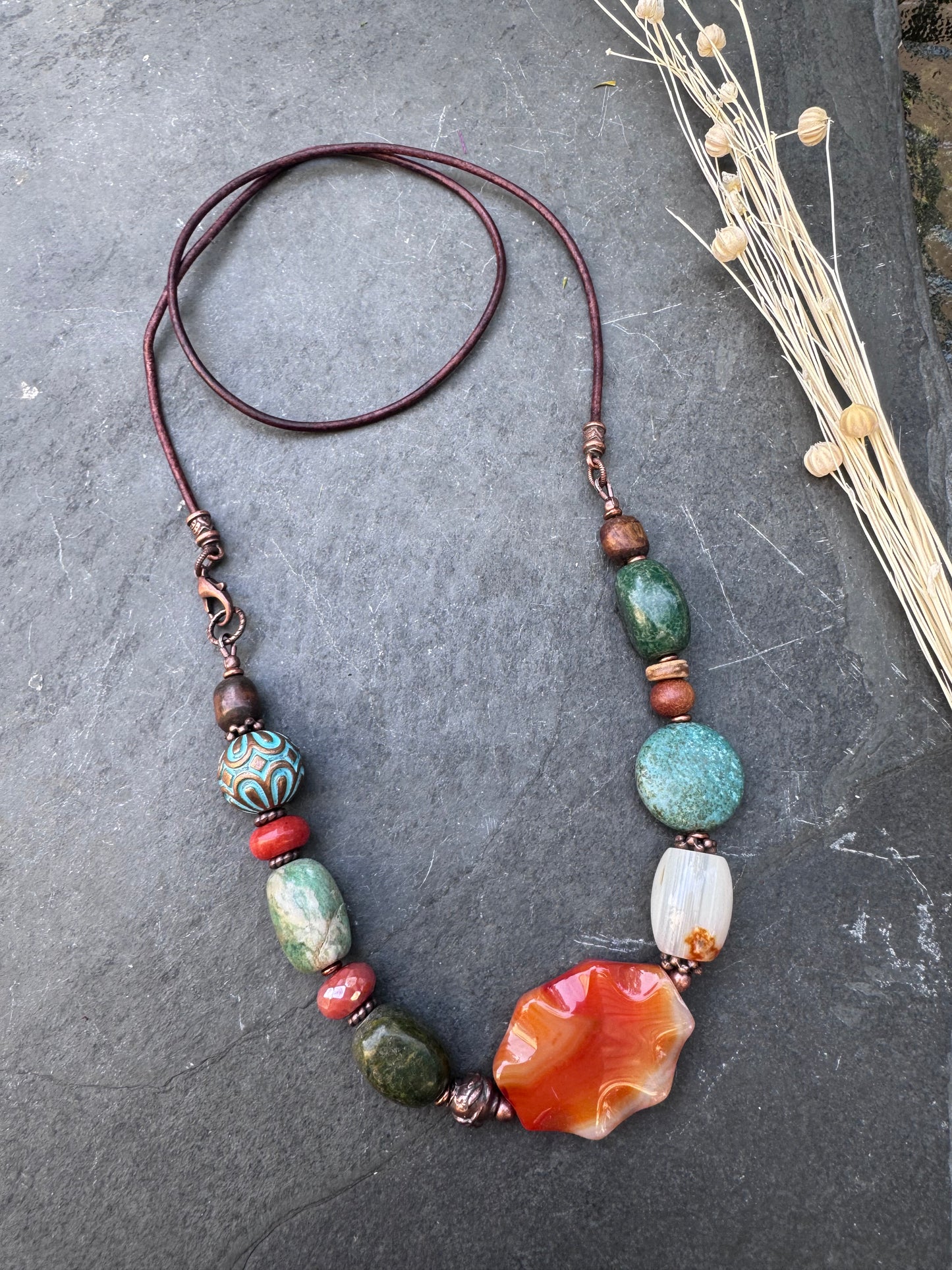 Turquoise, Mixed stone, wood, carnelian agate, copper metal, leather, necklace